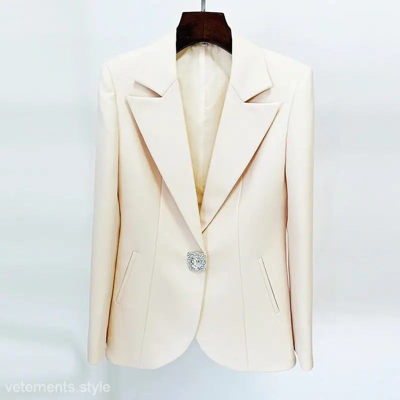 Cream-colored tailored blazer with button for Stars Cover Work Suit with Rhinestones