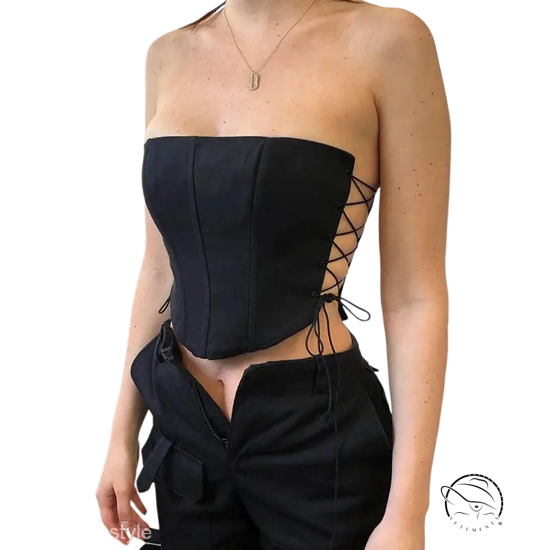 Black strap boning corset top with lace-up detail for summer elegance