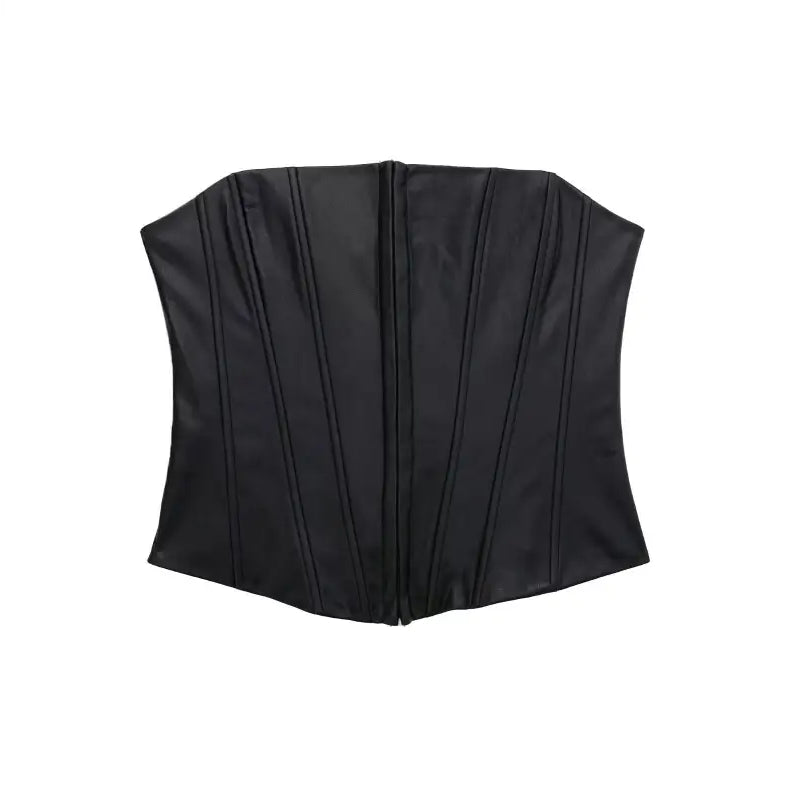 Black strapless faux leather corset with vertical seams for summer fashion style