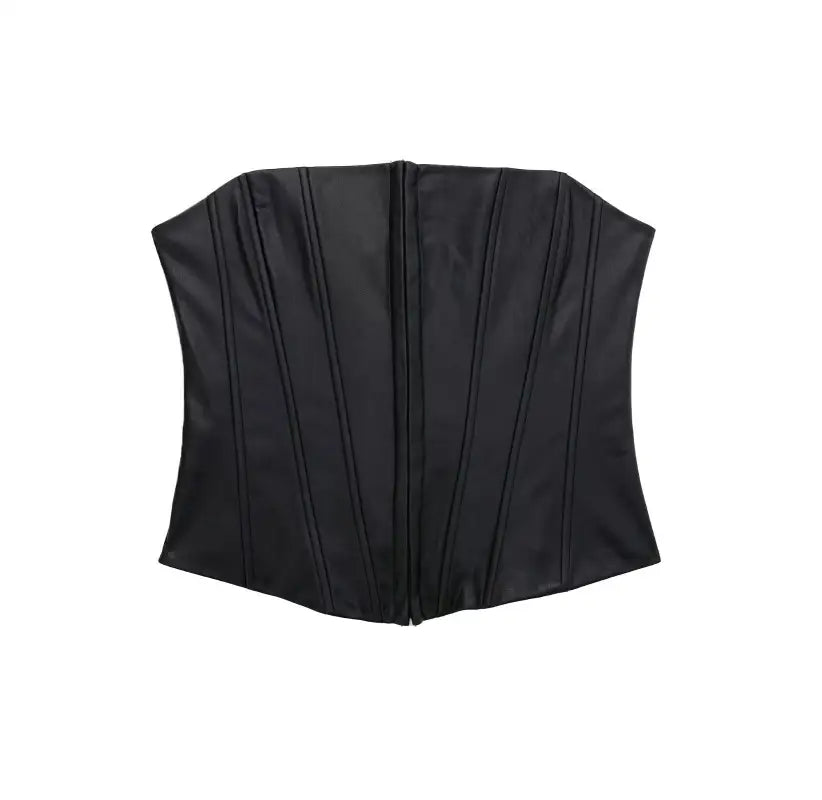 Black strapless faux leather corset with vertical seams for summer fashion style