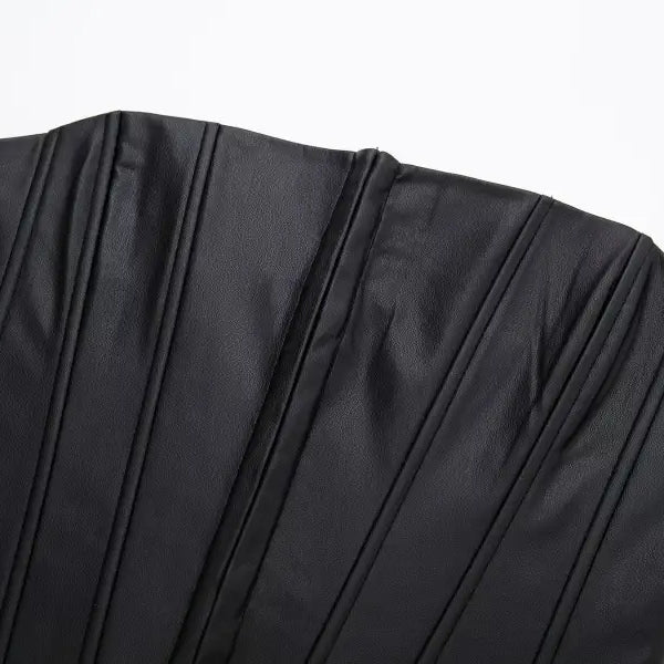 Black strapless faux leather corset with vertical seams and pleating for summer style