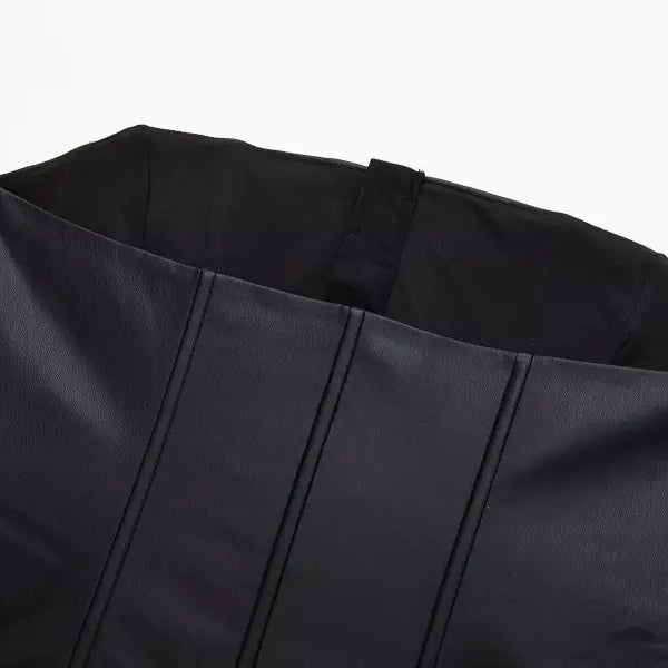Black faux leather corset top with vertical seams, strapless leather corset for summer style