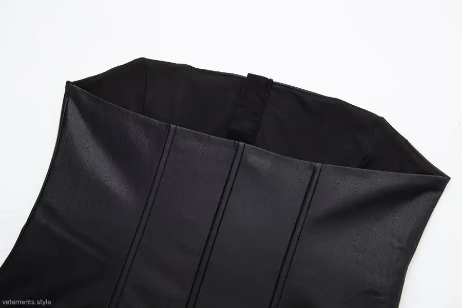 Black faux leather corset top with vertical seams, strapless leather corset for summer style