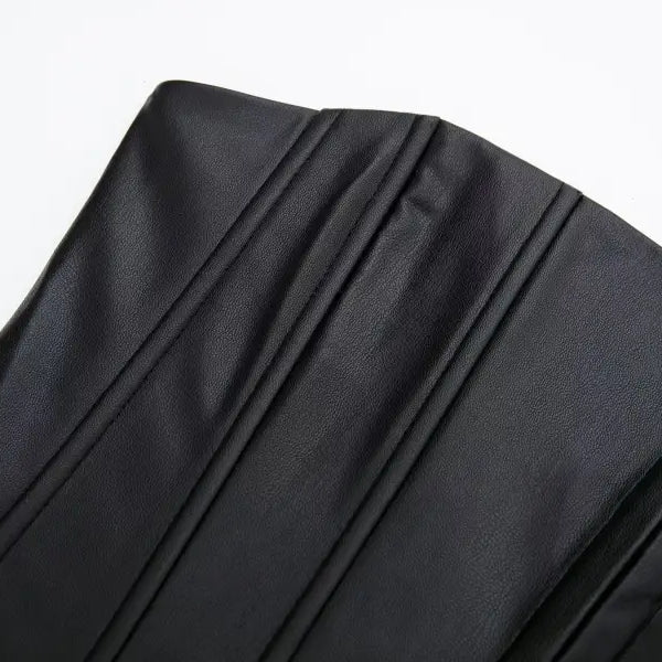 Black faux leather corset with vertical pleats, strapless leather corset for summer style