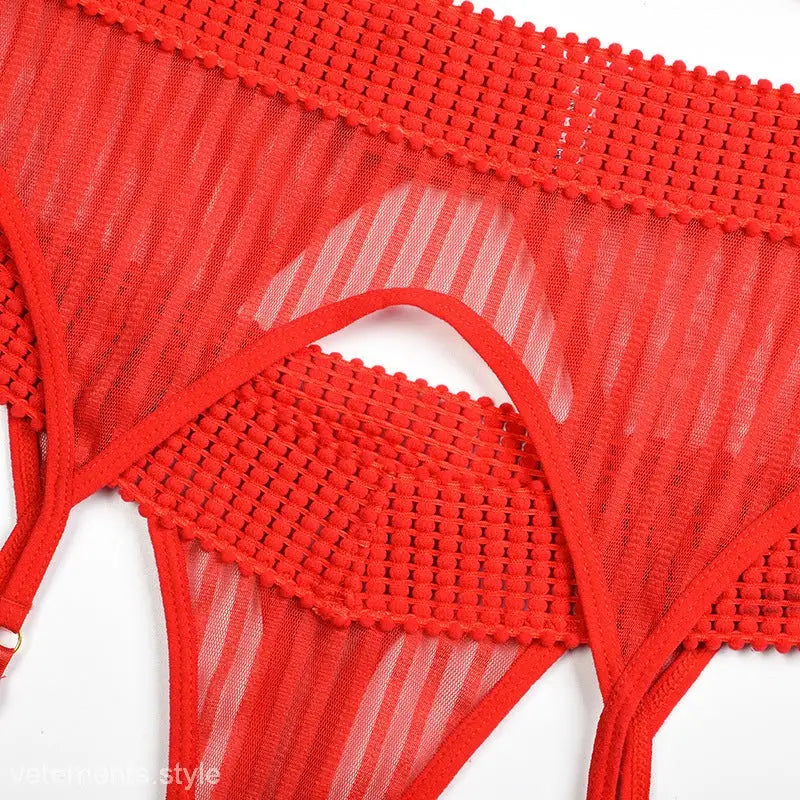 Strawberry red sheer mesh lingerie set with scalloped edges and thin straps