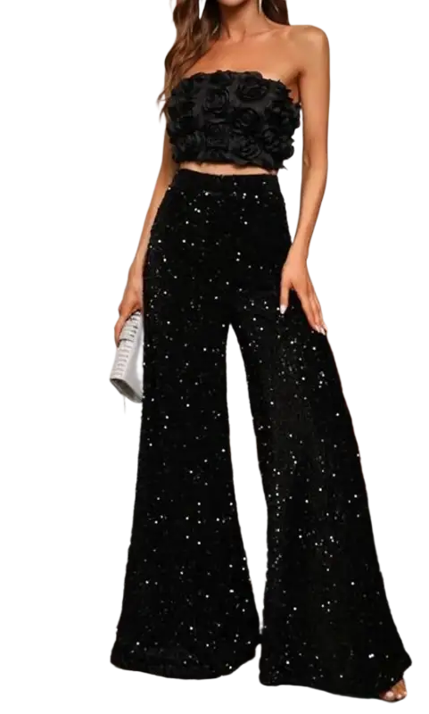 Stunning pink high waist wide leg pants with strapless floral top