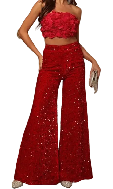 Stunning pink high waist wide-leg pants with sequined rose crop top