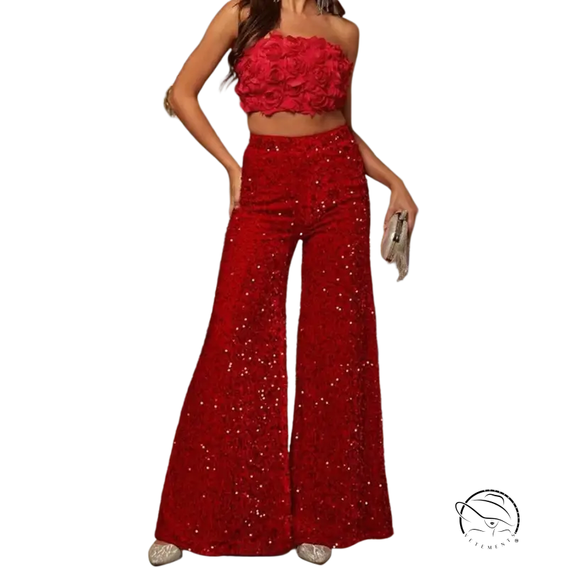 Stunning pink high waist wide-leg pants with sequined rose crop top