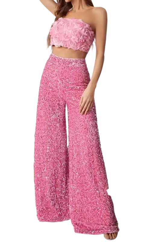 Image of stunning pinky suits featuring a high waist slimming strapless crop top and wide-leg pants for summer elegance