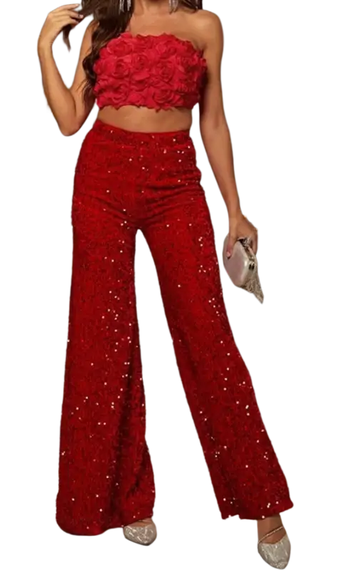 Stunning pink high waist wide-leg pants with floral crop top