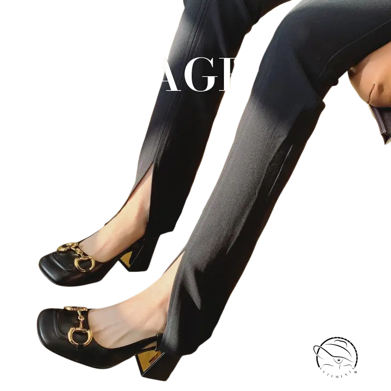 Black leather pumps with gold horsebit hardware and 7cm milk white chunky heels