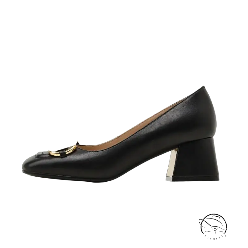 Black leather pump with 5cm milk white wedge heel and gold buckle