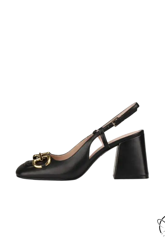 Black leather slingback pump with 5cm milk white wedge heel and gold toe detail