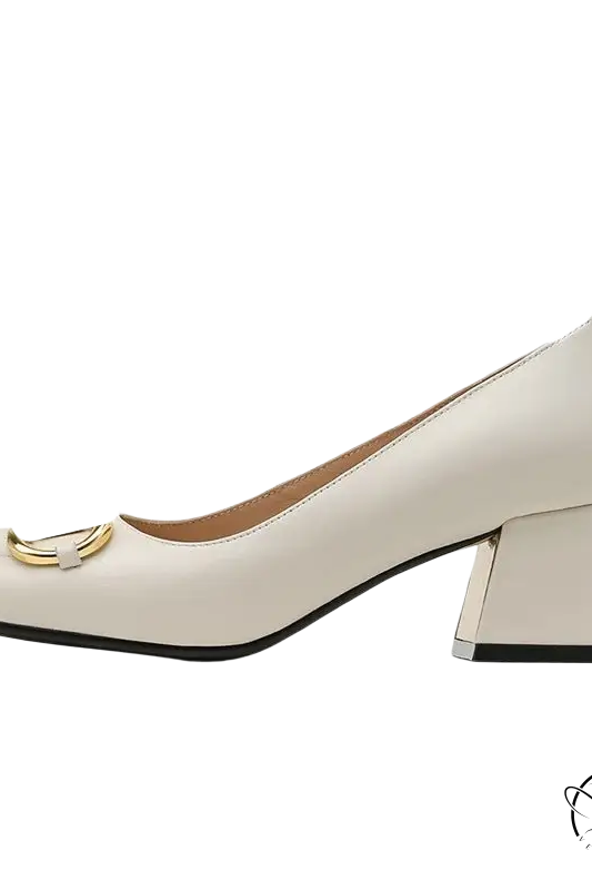 5cm milk white leather pump with chunky heel and gold toe accent