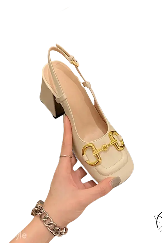 Cream-colored 5cm milk white slingback wedge heel with gold horsebit hardware