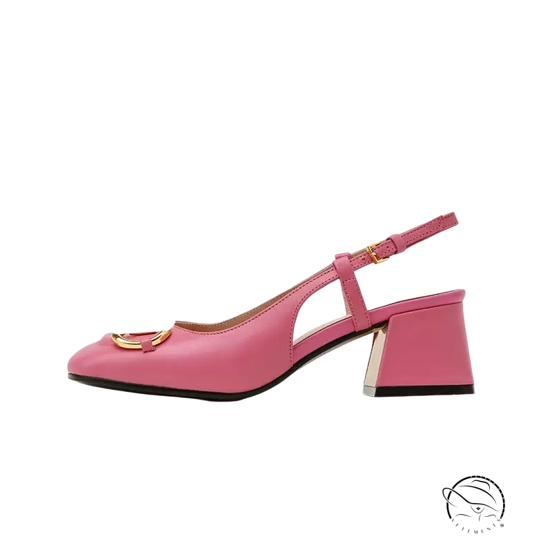 Milk white slingback pump with chunky heel and gold toe detail