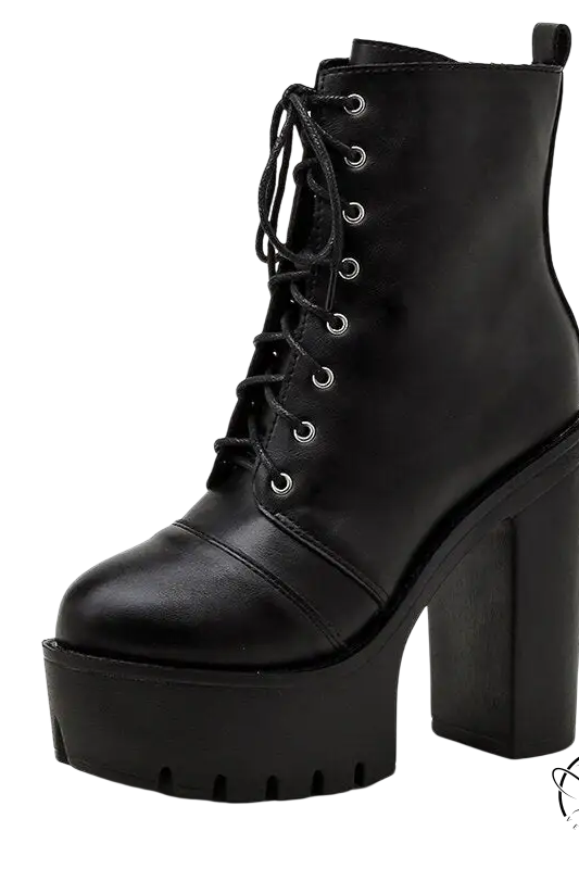 Stylish black square heel short boots with lace-up closure and chunky platform