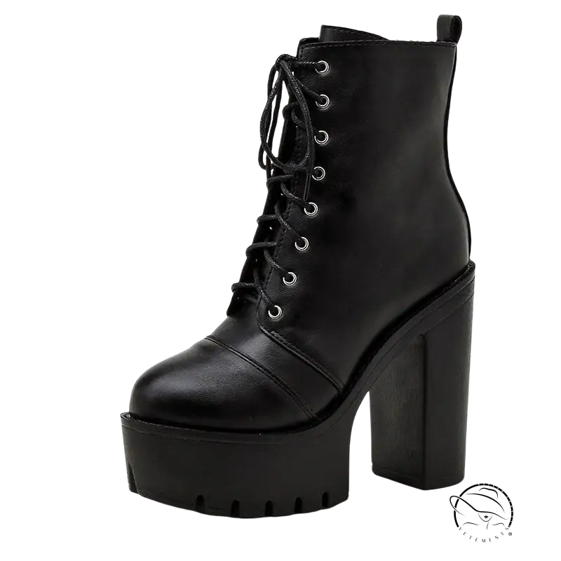 Stylish black square heel short boots with lace-up closure and chunky platform