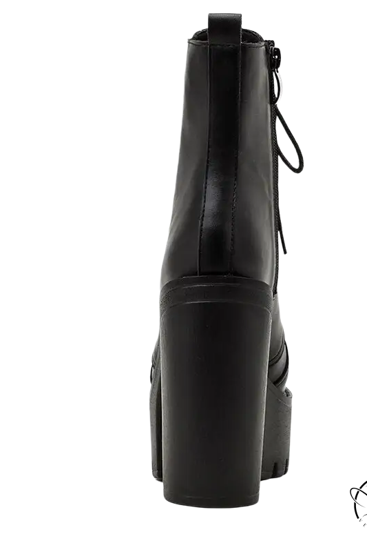 Stylish black square heel short boots with high block heel, platform sole and lace-up closure