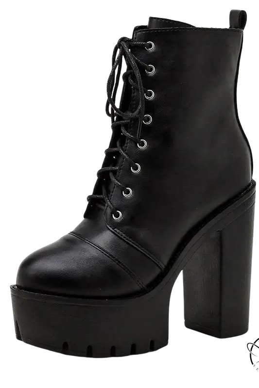 Stylish black square heel short boots with lace-up closure and high chunky platform