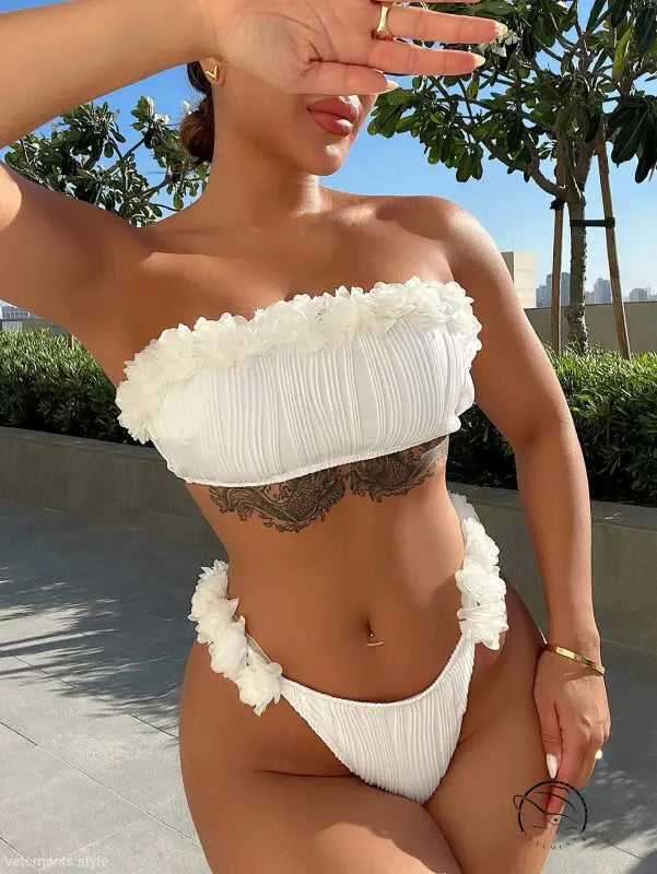 Langry stylish boho polyester tie white ruffled bikini with torso tattoo