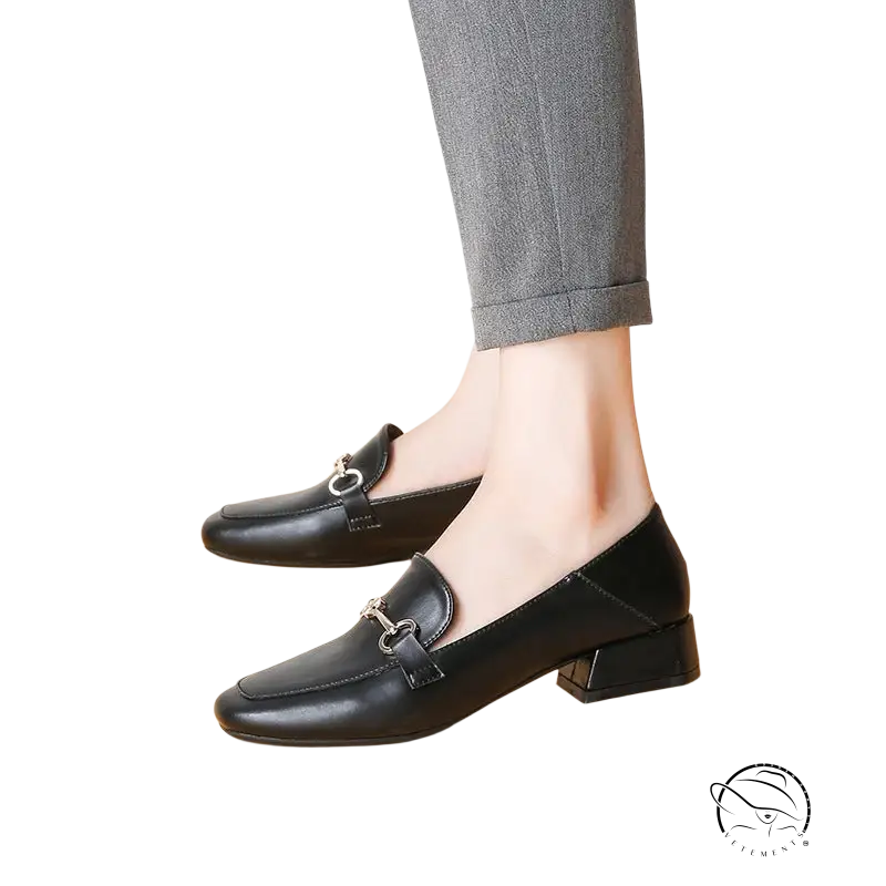 Black leather loafers with low heel for casual office heels