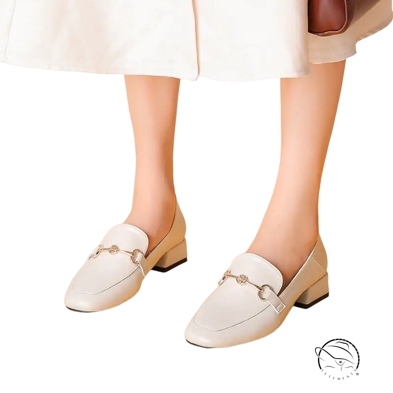 White British leather casual office heels with gold chain detail