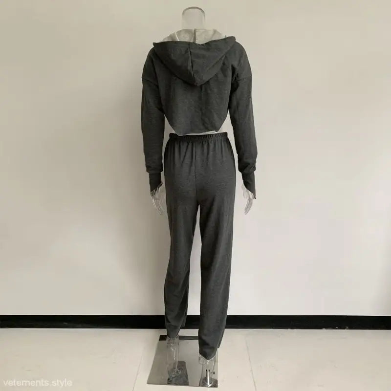 Gray hooded crop top and sweatpants set for the stylish sweet girl in casual sportswear