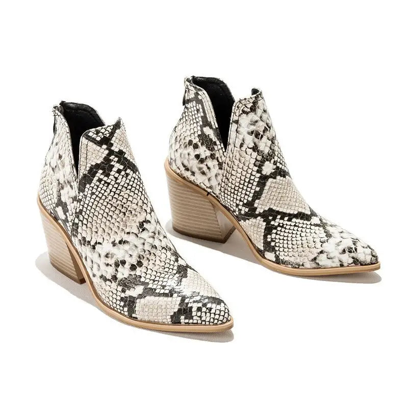 Snakeskin print high heel Martin boots showcasing stylish high heel Martin features
