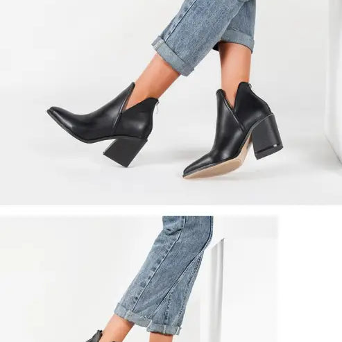 Black leather high heel Martin boots with block heels for stylish comfort