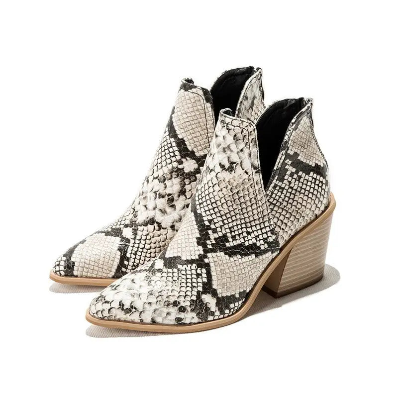 Snakeskin print ankle boots from Stylish High Heel Martin Boots collection featuring high heel martin design