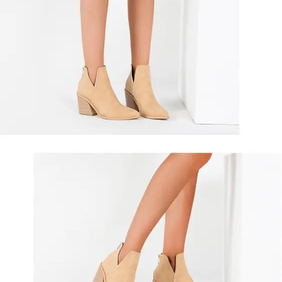 Beige ankle high heel Martin boots with block heels for stylish comfort