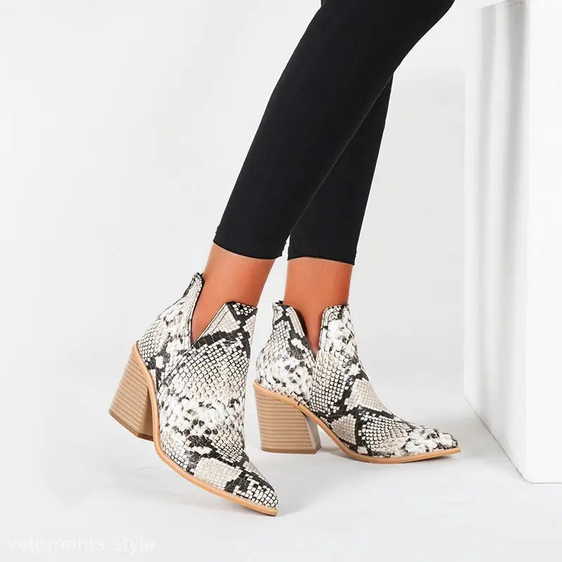 Snakeskin print ankle boots on Stylish High Heel Martin Boots for comfort and fashion