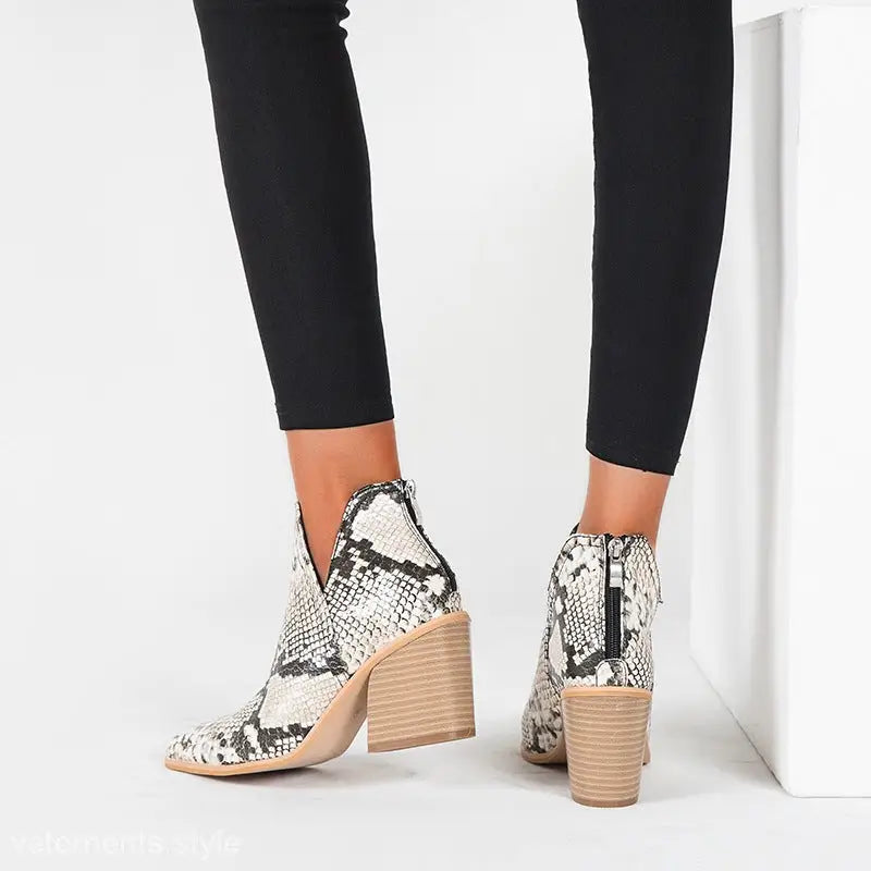 Snakeskin print ankle boots from Stylish High Heel Martin Boots collection featuring high heel martin design