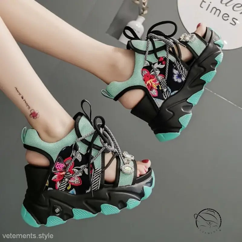 Stylish lace-up buckle punk sandals with chunky floral mint green heels