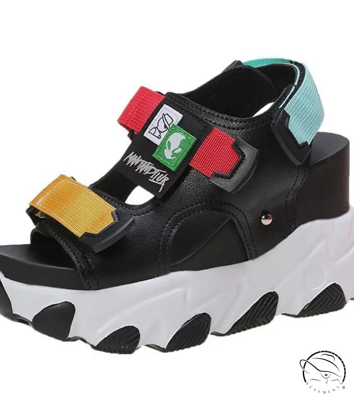 Stylish lace-up buckle punk sandals with chunky colorful straps and thick white sole