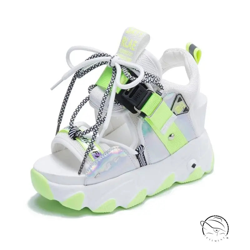 Futuristic white lace-up buckle punk sandals with neon green chunky sole