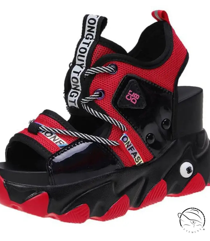 Chunky red black lace-up buckle punk sandals with mesh panels and long long straps