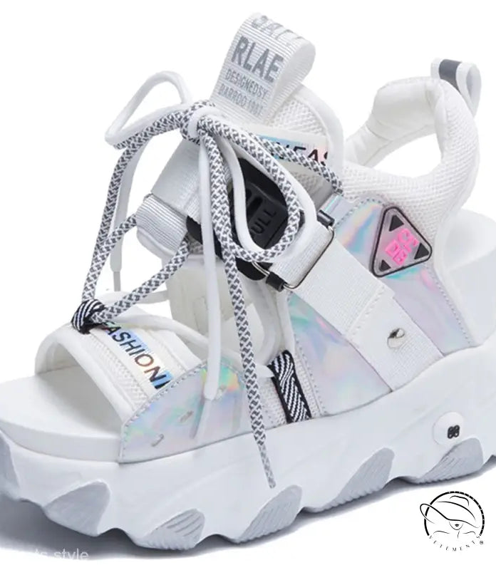 White chunky platform buckle punk sandals with holographic accents