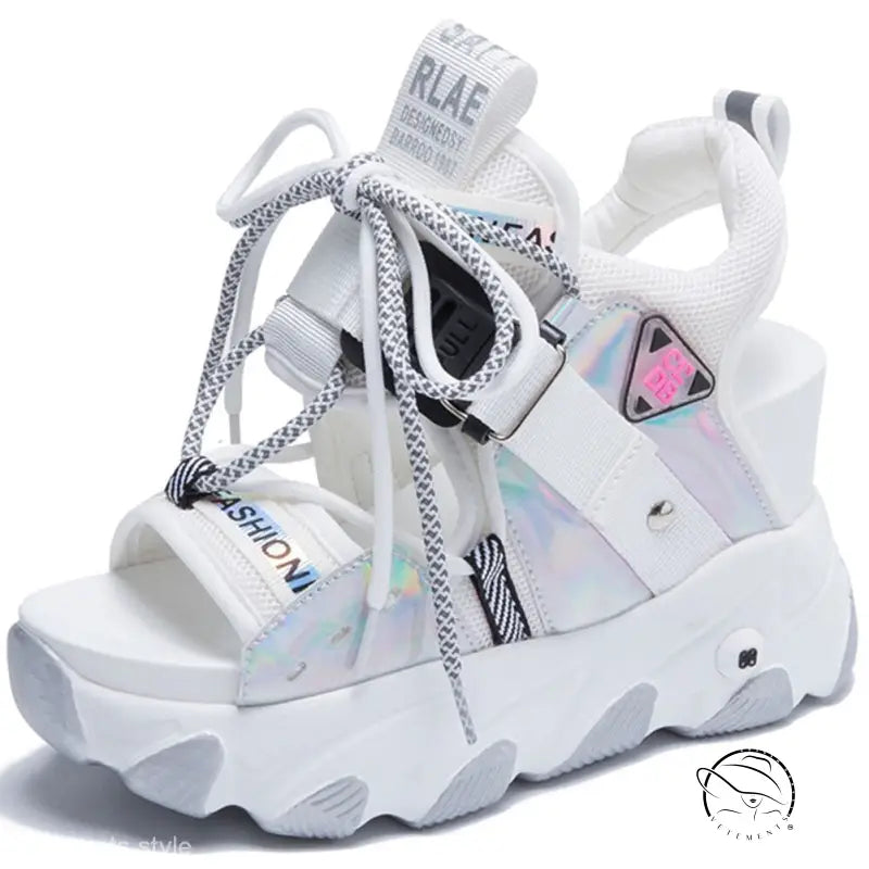 White chunky platform buckle punk sandals with holographic accents
