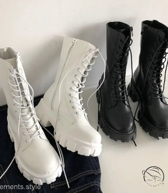 Two pairs of stylish lace-up platform boots in white and black