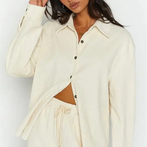 Cream-colored button-down shirt and pants set from Stylish Long Sleeve Cardigan Trousers Suit for Fall/Winter