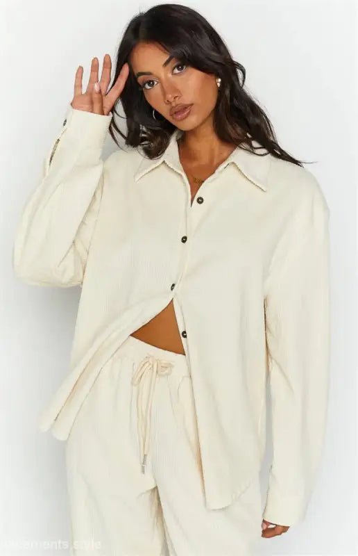 Cream-colored button-down shirt and pants set from Stylish Long Sleeve Cardigan Trousers Suit for Fall/Winter