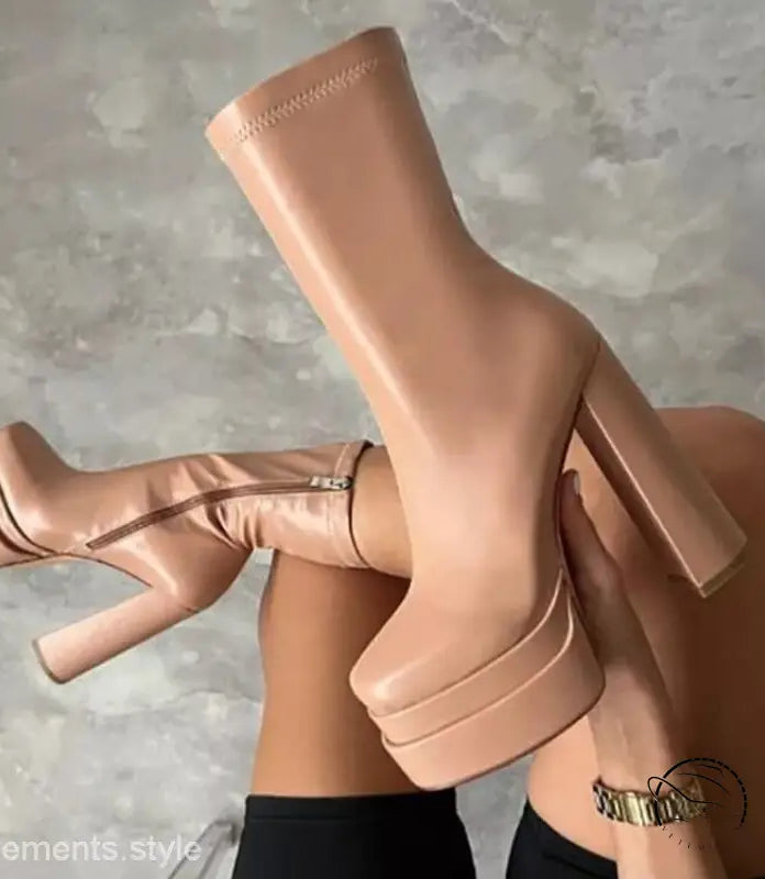 Stylish mid calf platform heeled boot in nude with chunky heels