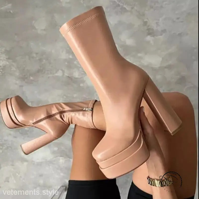 Stylish mid calf platform heeled boot in nude with chunky heels