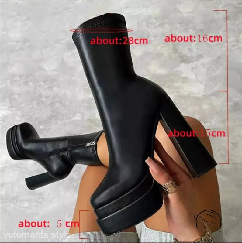 Black leather knee-high stylish mid calf platform heeled boots