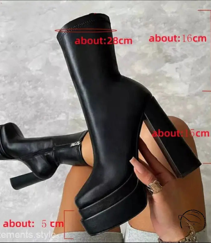 Black stylish mid calf platform heeled boot with chunky heel