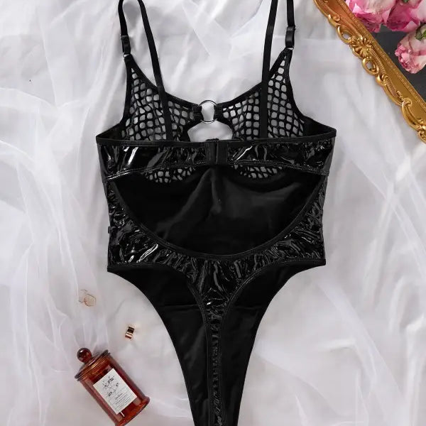 Black shiny mesh-backed bodysuit, perfect for a stylish leather teddy look
