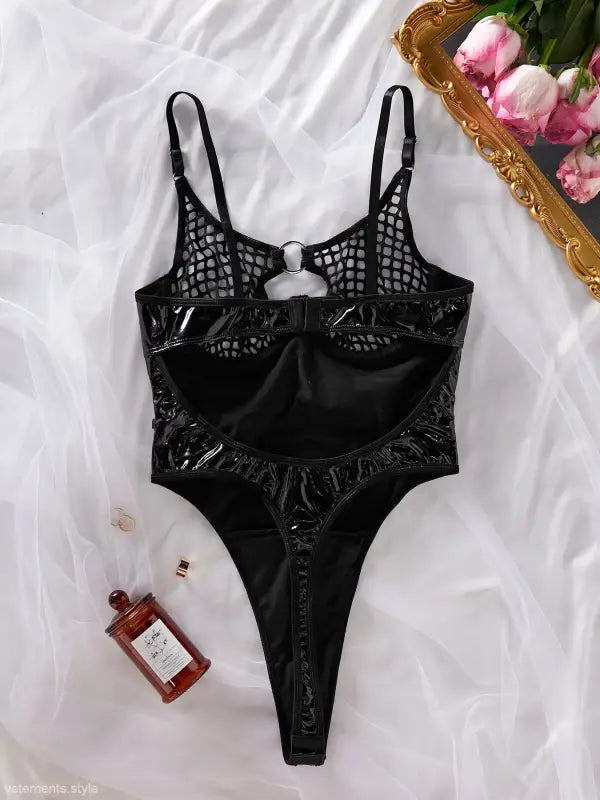 Black shiny mesh-backed bodysuit, perfect for a stylish leather teddy look