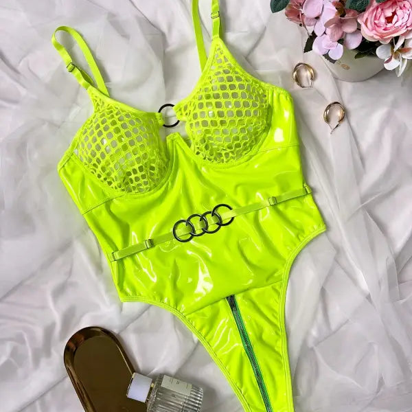 Neon green sexy leather teddy bodysuit with mesh cups for a bold, stylish look